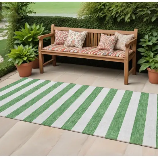 Green and White Striped Washable Indoor Outdoor Runner Rug Photo 1