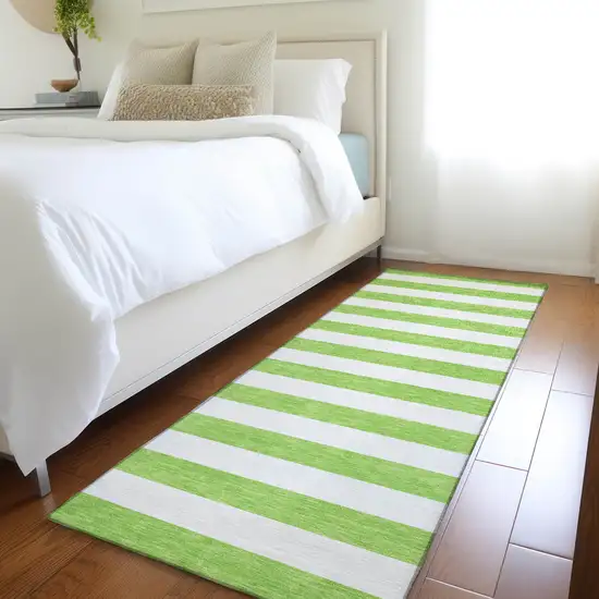 Lime Green and White Striped Washable Indoor Outdoor Runner Rug Photo 8