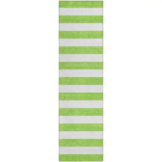 Lime Green and White Striped Washable Indoor Outdoor Runner Rug Photo 2