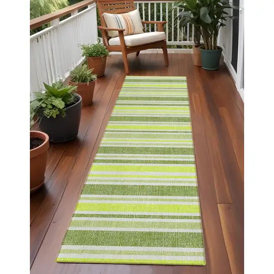 Green and Yellow Striped Washable Indoor Outdoor Runner Rug Photo 1