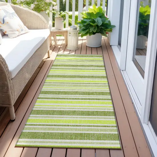 Green and Yellow Striped Washable Indoor Outdoor Runner Rug Photo 5