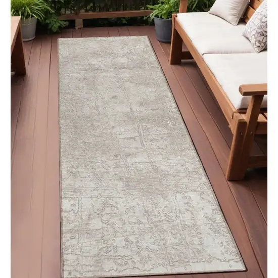 Ivory Abstract Washable Non Skid Indoor Outdoor Runner Rug Photo 1