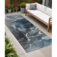 Photo of 8' Runner Ivory Blue and Gray Abstract Washable Non Skid Indoor Outdoor Runner Rug