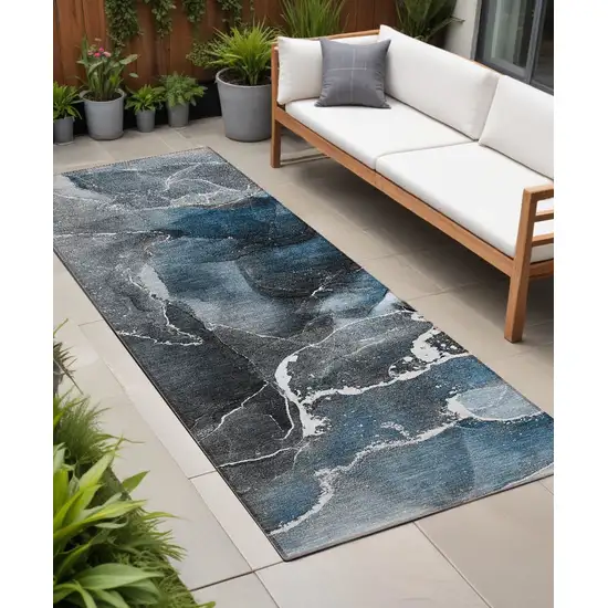 8' Runner Ivory Blue and Gray Abstract Washable Non Skid Indoor Outdoor Runner Rug Photo 1