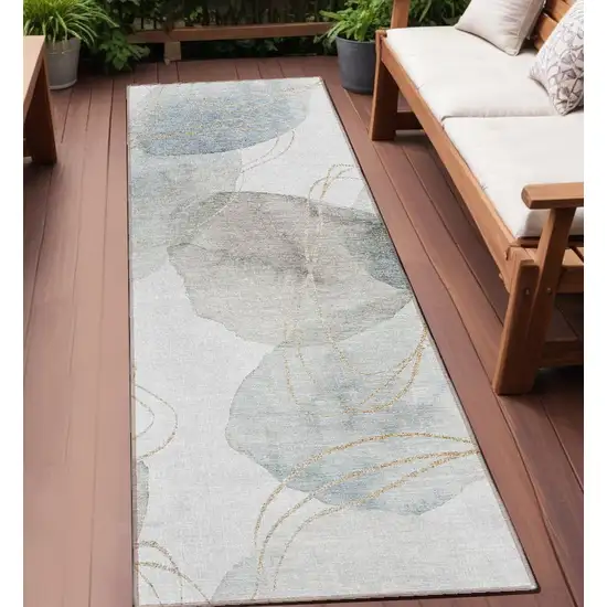 Ivory Blue and Gray Abstract Washable Non Skid Indoor Outdoor Runner Rug Photo 1