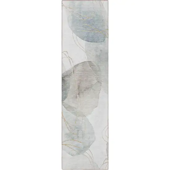 8' Runner Ivory Blue and Gray Abstract Washable Non Skid Indoor Outdoor Runner Rug Photo 4