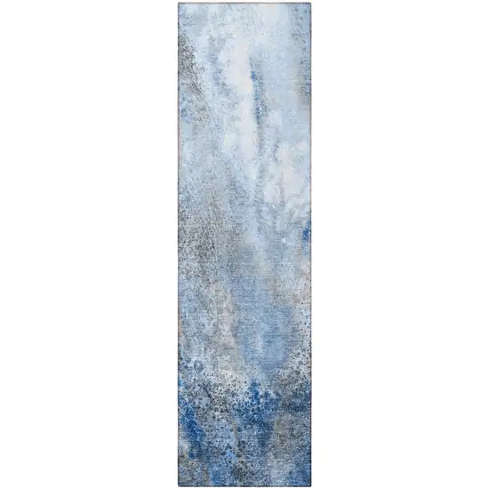 8' Runner Ivory Blue and Gray Abstract Washable Non Skid Indoor Outdoor Runner Rug Photo 4