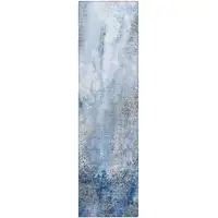 Photo of 8' Runner Ivory Blue and Gray Abstract Washable Non Skid Indoor Outdoor Runner Rug