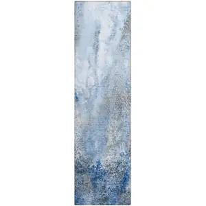 Photo of 8' Runner Ivory Blue and Gray Abstract Washable Non Skid Indoor Outdoor Runner Rug