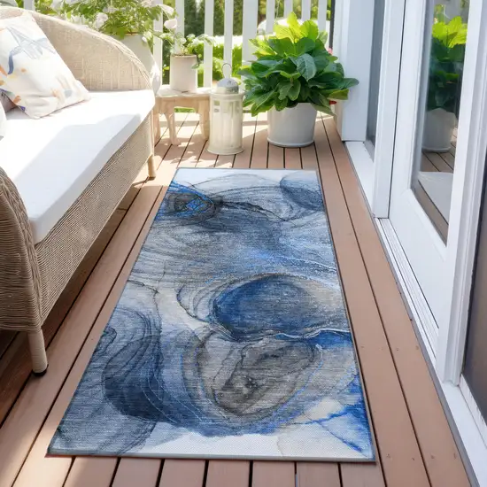 Ivory Blue and Gray Abstract Washable Non Skid Indoor Outdoor Runner Rug Photo 8