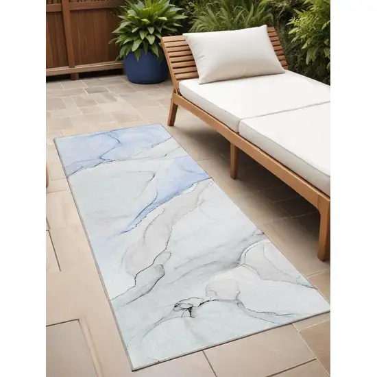 Ivory Blue and Gray Abstract Washable Non Skid Indoor Outdoor Runner Rug Photo 1