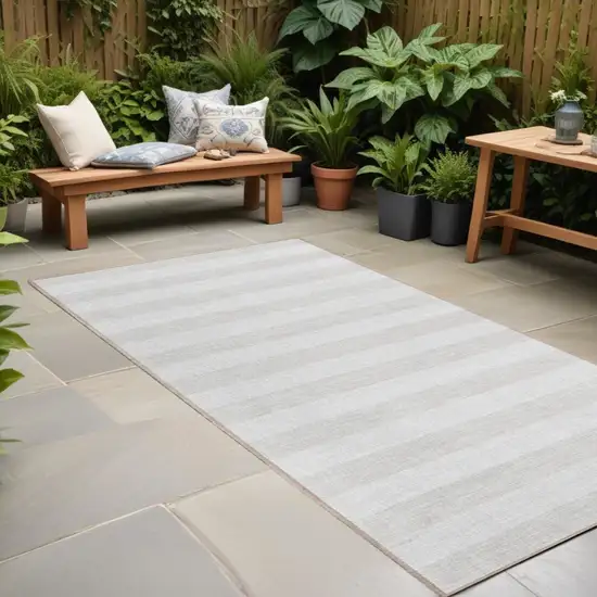 Ivory Striped Washable Indoor Outdoor Runner Rug Photo 1