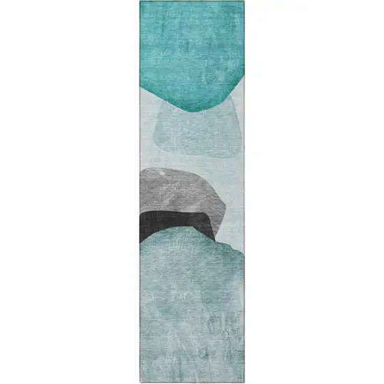 8' Runner Ivory Teal and Gray Abstract Washable Non Skid Indoor Outdoor Runner Rug Photo 5