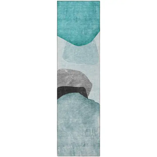 Ivory Teal and Gray Abstract Washable Non Skid Indoor Outdoor Runner Rug Photo 4