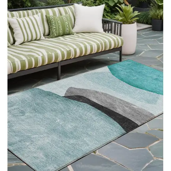 Ivory Teal and Gray Abstract Washable Non Skid Indoor Outdoor Runner Rug Photo 1