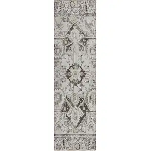 Photo of 8' Runner Ivory and Dark Brown Oriental Washable Non Skid Indoor Outdoor Runner Rug