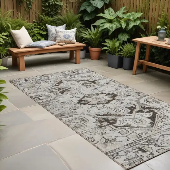 8' Runner Ivory and Dark Brown Oriental Washable Non Skid Indoor Outdoor Runner Rug Photo 1