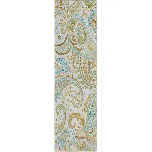 Photo of 8' Runner Ivory and Gold Paisley Washable Non Skid Indoor Outdoor Runner Rug