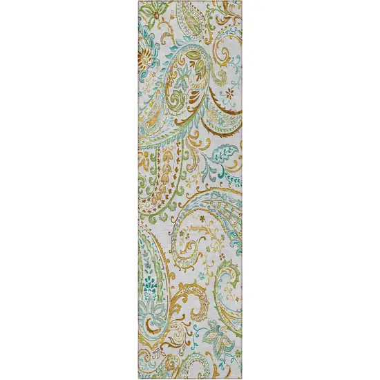 8' Runner Ivory and Gold Paisley Washable Non Skid Indoor Outdoor Runner Rug Photo 5