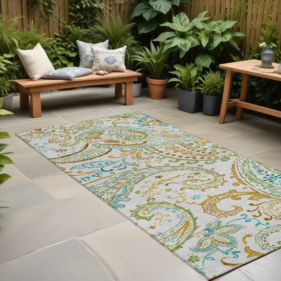 Ivory and Gold Paisley Washable Non Skid Indoor Outdoor Runner Rug Photo 1