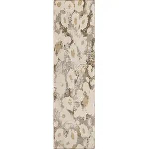 Photo of 8' Runner Khaki Floral Washable Non Skid Indoor Outdoor Runner Rug