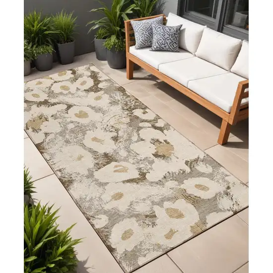 Khaki Floral Washable Non Skid Indoor Outdoor Runner Rug Photo 1