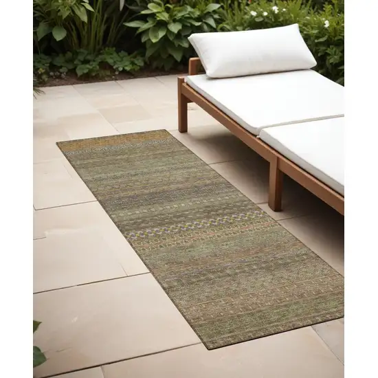 Khaki Striped Washable Indoor Outdoor Runner Rug Photo 1