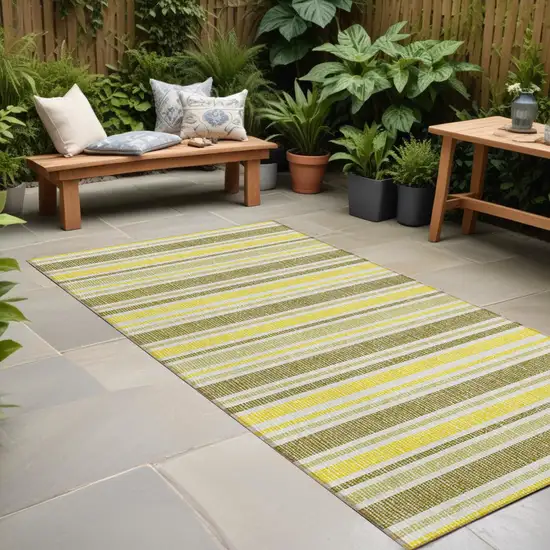 Khaki Yellow and Gray Striped Washable Non Skid Indoor Outdoor Runner Rug Photo 1