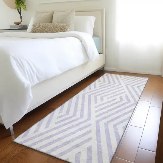 8' Runner Lavender and Ivory Geometric Washable Non Skid Indoor Outdoor Runner Rug Photo 9