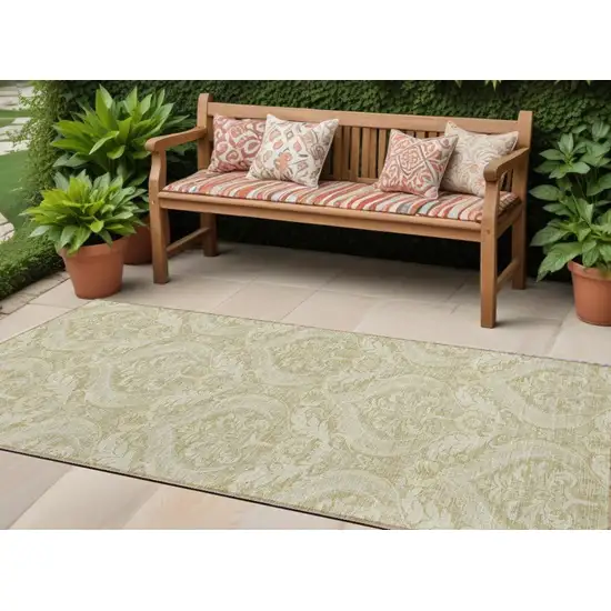 8' Runner Light Green Damask Washable Non Skid Indoor Outdoor Runner Rug Photo 1