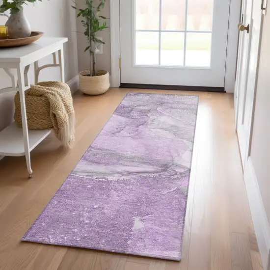 8' Runner Lilac Abstract Washable Non Skid Indoor Outdoor Runner Rug Photo 9