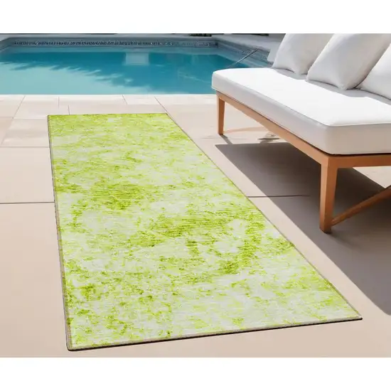 Lime Green Abstract Washable Non Skid Indoor Outdoor Runner Rug Photo 1