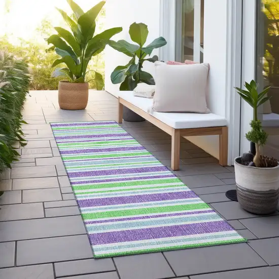 8' Runner Lime Green Striped Washable Non Skid Indoor Outdoor Runner Rug Photo 5