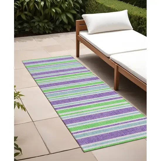 Green Purple and Blue Striped Washable Non Skid Indoor Outdoor Runner Rug Photo 1