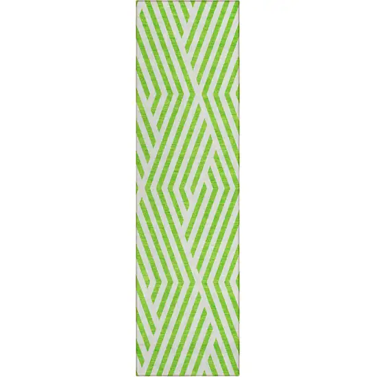 8' Runner Lime Green and White Geometric Washable Non Skid Indoor Outdoor Runner Rug Photo 2