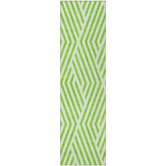 Lime Green and White Geometric Washable Non Skid Indoor Outdoor Runner Rug Photo 5