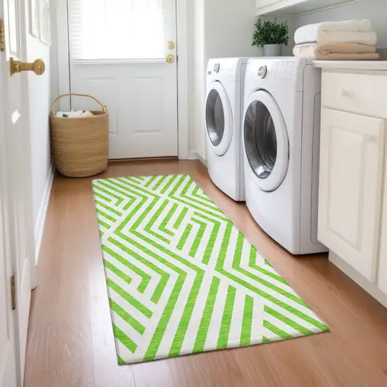 Lime Green and White Geometric Washable Non Skid Indoor Outdoor Runner Rug Photo 9