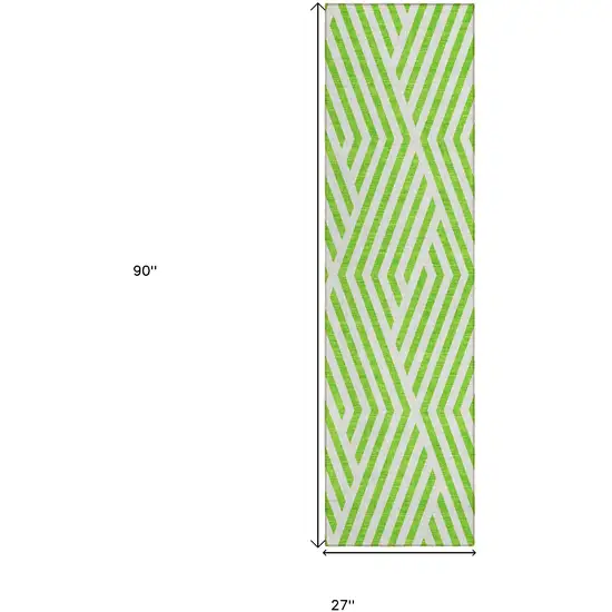 8' Runner Lime Green and White Geometric Washable Non Skid Indoor Outdoor Runner Rug Photo 3