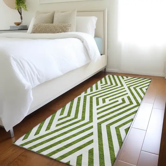 8' Runner Lime Green and White Geometric Washable Non Skid Indoor Outdoor Runner Rug Photo 9