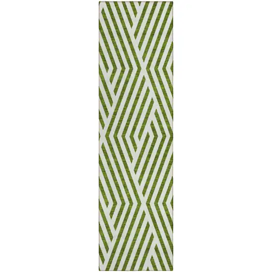 Lime Green and White Geometric Washable Non Skid Indoor Outdoor Runner Rug Photo 2