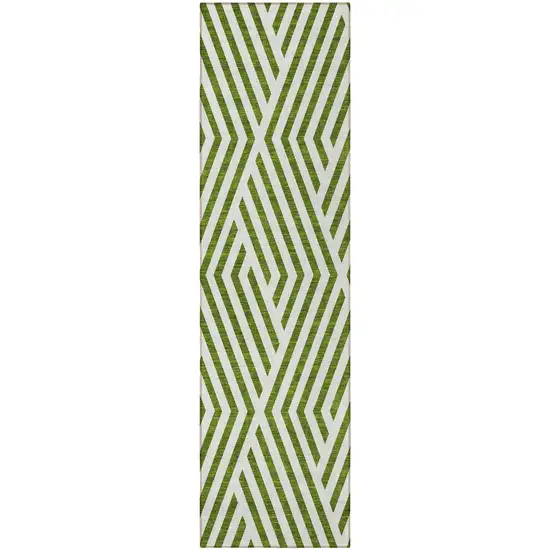 Lime Green and White Geometric Washable Non Skid Indoor Outdoor Runner Rug Photo 5