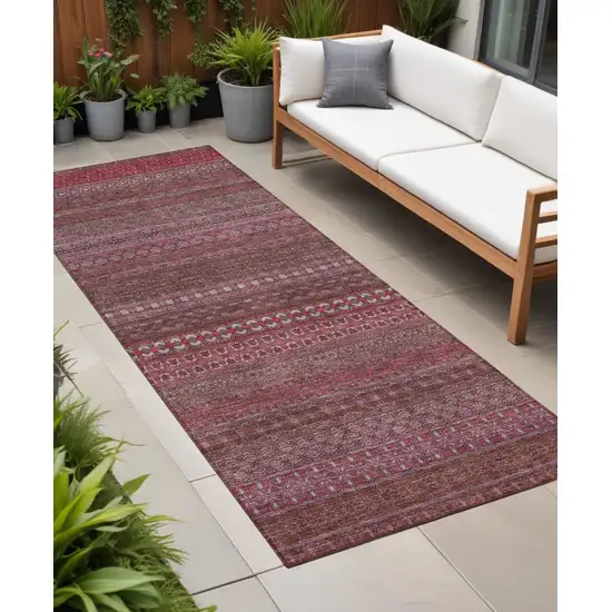 Merlot Striped Washable Indoor Outdoor Runner Rug Photo 1