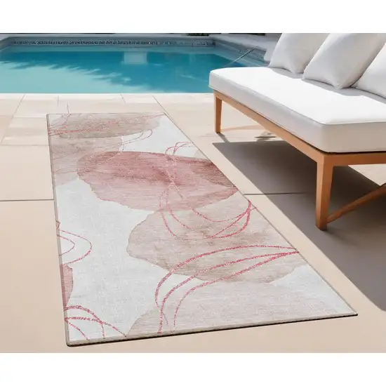 8' Runner Merlot and Ivory Abstract Washable Non Skid Indoor Outdoor Runner Rug Photo 1