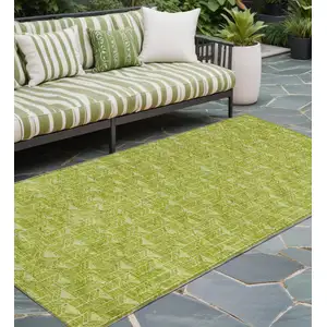 Photo of 8' Runner Moss Green Geometric Washable Non Skid Indoor Outdoor Runner Rug