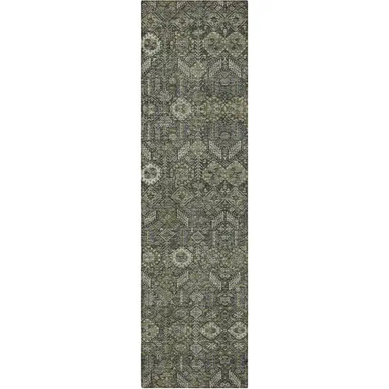 8' Runner Moss Green and Gray Floral Washable Non Skid Indoor Outdoor Runner Rug Photo 4