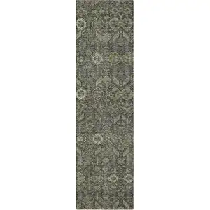 Photo of 8' Runner Moss Green and Gray Floral Washable Non Skid Indoor Outdoor Runner Rug