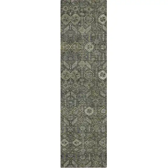 8' Runner Moss Green and Gray Floral Washable Non Skid Indoor Outdoor Runner Rug Photo 2