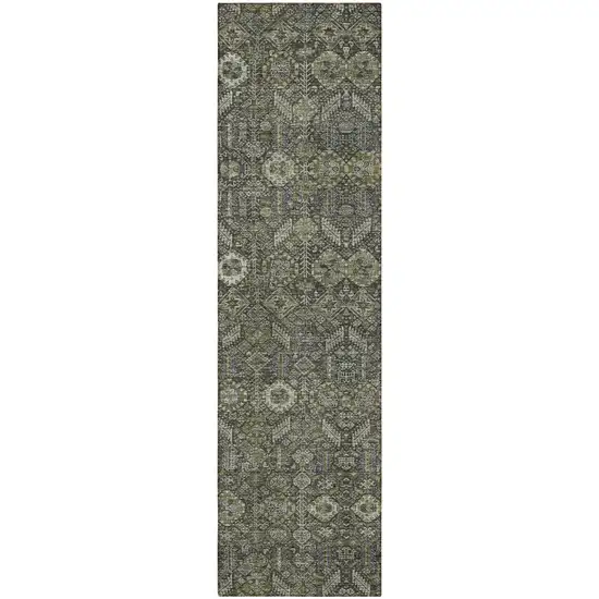 Moss Green and Gray Floral Washable Non Skid Indoor Outdoor Runner Rug Photo 4