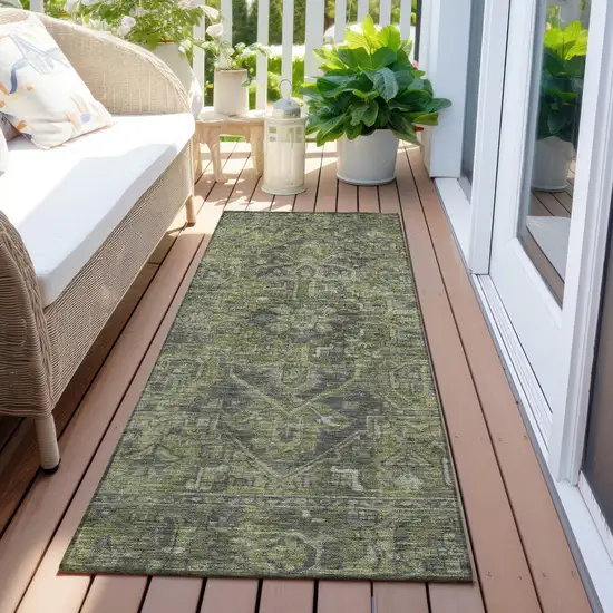 8' Runner Moss Green and Gray Oriental Washable Non Skid Indoor Outdoor Runner Rug Photo 8