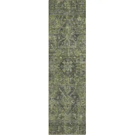 8' Runner Moss Green and Gray Oriental Washable Non Skid Indoor Outdoor Runner Rug Photo 2